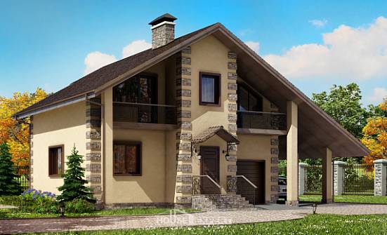 150-003-П Проект двухэтажного дома с мансардой, гараж, бюджетный домик из газобетона Советский | Проекты домов от House Expert