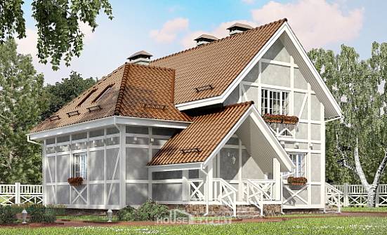 160-003-Л Проект двухэтажного дома с мансардой, недорогой коттедж из блока Белоярский | Проекты домов от House Expert