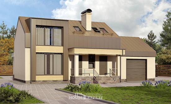 150-015-Л Проект двухэтажного дома мансардой, гараж, скромный загородный дом из газосиликатных блоков Мегион | Проекты домов от House Expert